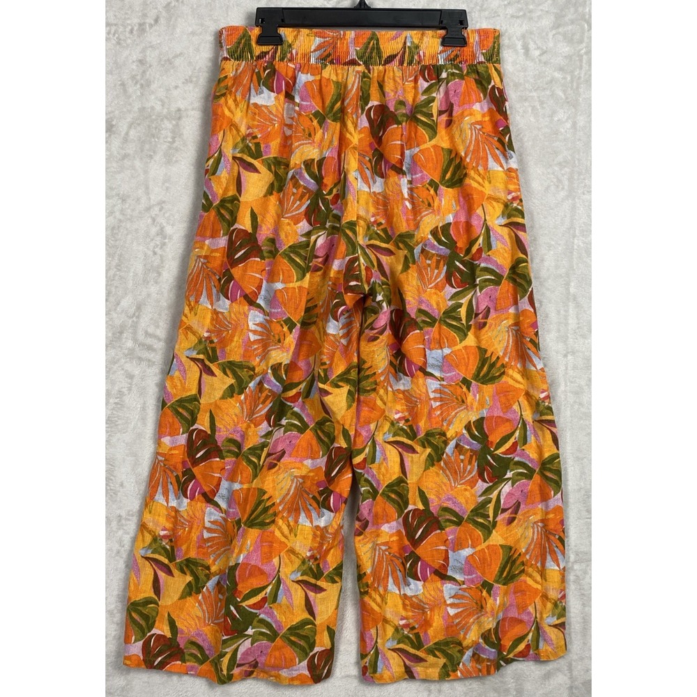 Women's Wide Leg Linen Pants Large Hawaiian Tropical Palm Leaf Cropped Beachy L